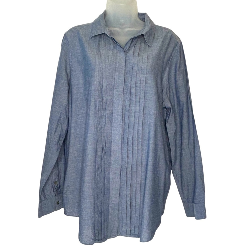 J. JILL Women Size L Blue Chambray Tuxedo Pleat Long Sleeve Button Up Shirt Top.
